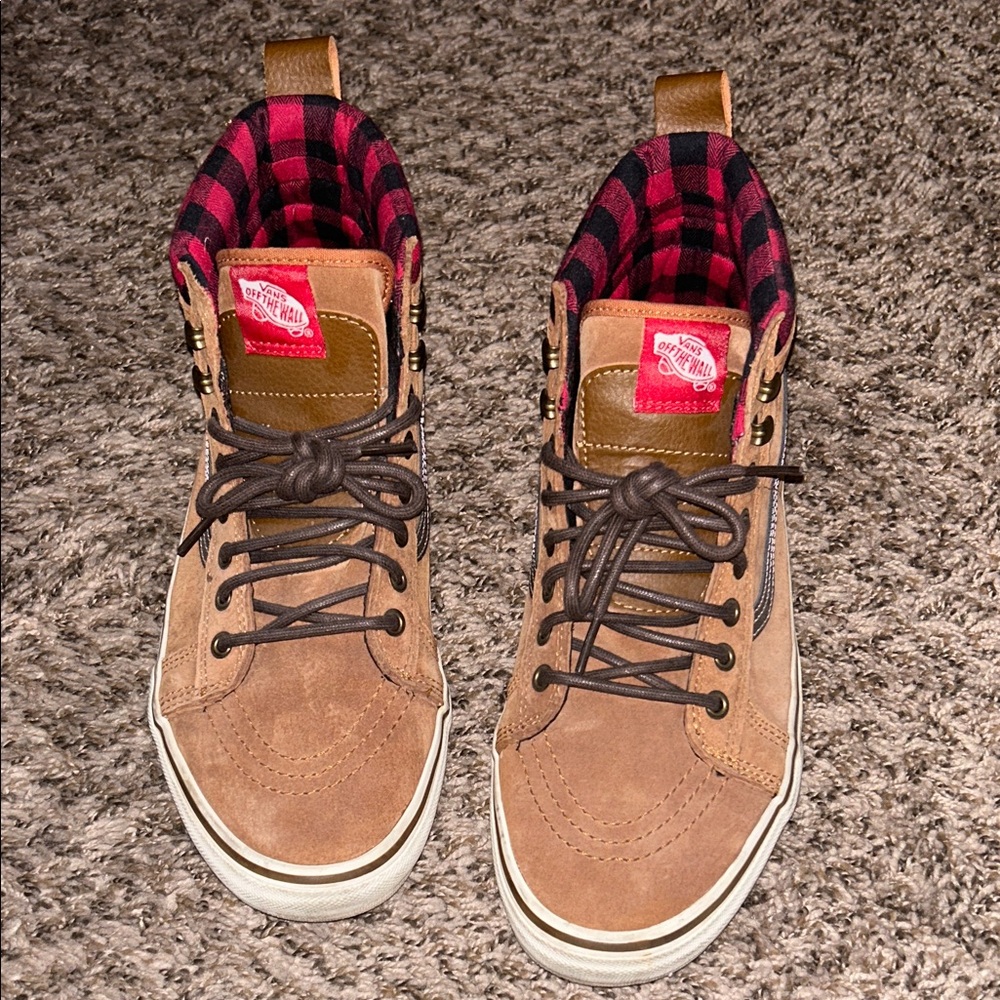 Vans Men’s Tan Suede High-Top Sneakers with Red Plaid Lining